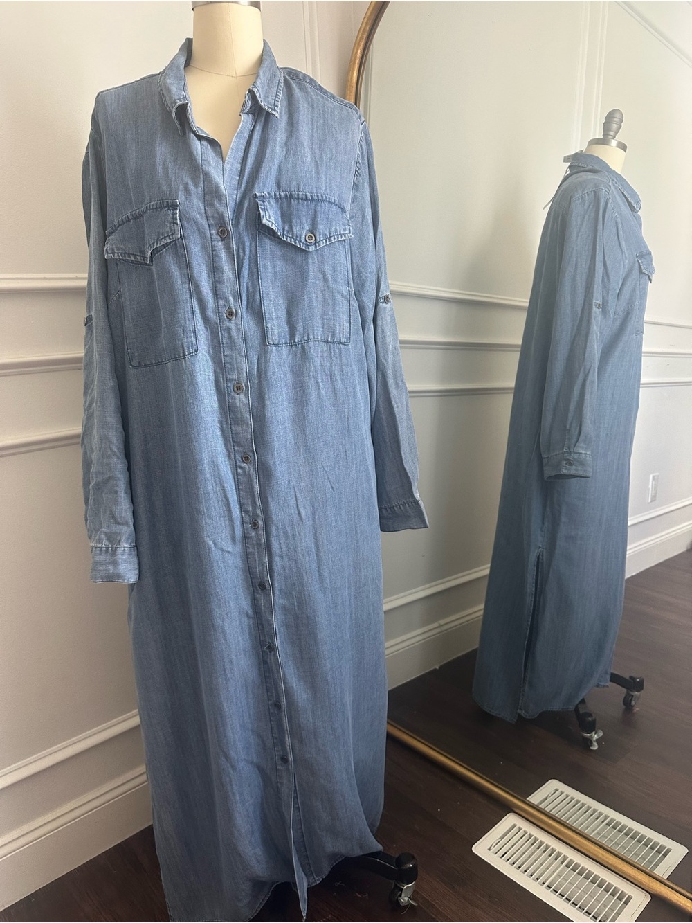Velvet Heart Chambray Maxi Shirt Dress in Light Blue